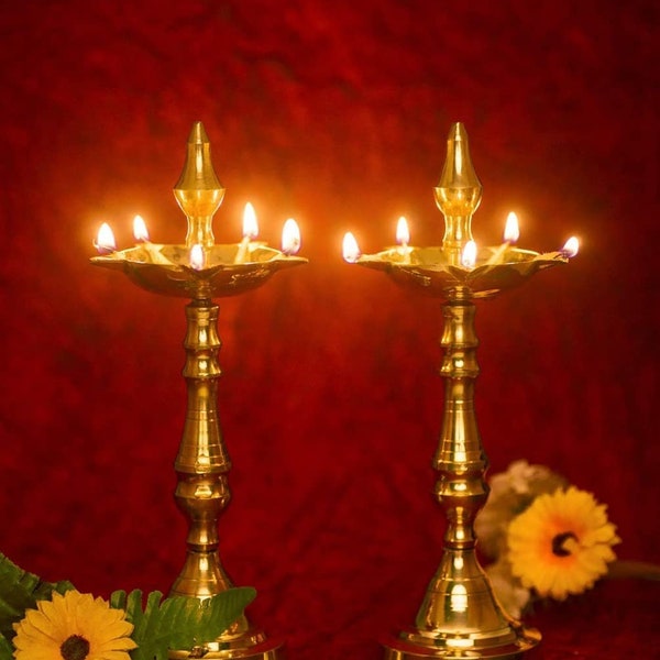 Brass Traditional Kerala Oil/Ghee Diya, Deepak, Lamp|Diya for Home, Pooja Room, Pancharti| Panchmukhi Pital Diya for Puja, Decoration, Aarti