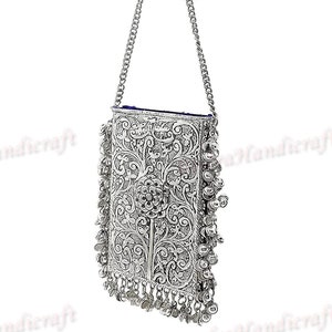 Handmade Vintage Style Silver Clutch wallet Mobile Pouch With Sari Hook for Women / Antique Bridle Metal Clutch /Indian Silver Party Bag