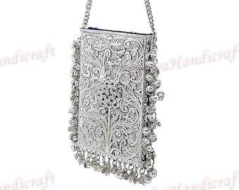 Handmade Vintage Style Silver Clutch wallet Mobile Pouch With Sari Hook for Women / Antique Bridle Metal Clutch /Indian Silver Party Bag