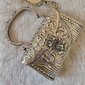 Indian Handmade  Metal Clutch/ Silver Party Sling Bag With Handle / Party Style Purse, Hand Clutch / Evening Purse/Bridal Clutch