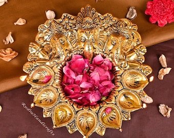 Pooja Thali / Urli with Diya Ganesha Desgin Pooja Thali for Puja Mandir / Temple  Pooja Thali for Diwali Decorative Showpiece