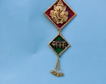 Om Ganesh Mantra Hindu Metal Wall Hanging, Car Ornament Chains, Keyrings, OM Car Rear View Mirror Hanging-OM Wall/Door Hanging for Positive