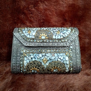 Chip Stone Metal Sling Square Purse / Vintage Statement Purse / Hand Bag / Party Sling Bag / Bridal Purse/ bridesmaid purse