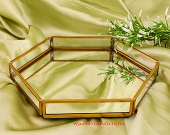 Plateau en verre avec base en miroir, Plateau à maquillage en métal pour décoration d'intérieur, Organiseur de bijoux décoratif pour parfum, Organiseur de vanité pour table d'appoint