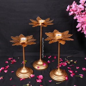 Lotus Stand Diya set of 3, Metal Long Lotus Shape Tea Light Candle Holder, Candle Festive Decor with stand -Event/wedding/Diwali/Christmas