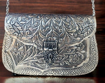 Antike Metall Clutch Indische Handarbeit Silber Metall Party Sling Bag / Ethno Handarbeit Vintage Stil Geldbörse, Hand Clutch [Silber]