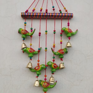 Rajasthani Strings Hanging Decorations Parrot Bell Door Hanging, Parrot Wind Chime Full Door Wall Hanging for Home Decoration (Paper Mache)