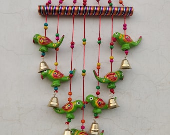 Rajasthani Strings Hanging Decorations Parrot Bell Door Hanging, Parrot Wind Chime Full Door Wall Hanging for Home Decoration (Paper Mache)