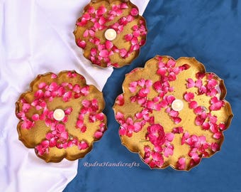 Handmade Floral Metal Urli Platter For Home Decor, Pooja Accessories , Flowers and Candles Floating Pot for Pooja, Home & office Decorative