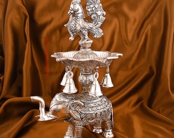 Metal Elephant Peacock Diya Stand with Bell for Home Decor, Occasional Gift, Decorative Diya for Temple, Return Gifts for Housewarming