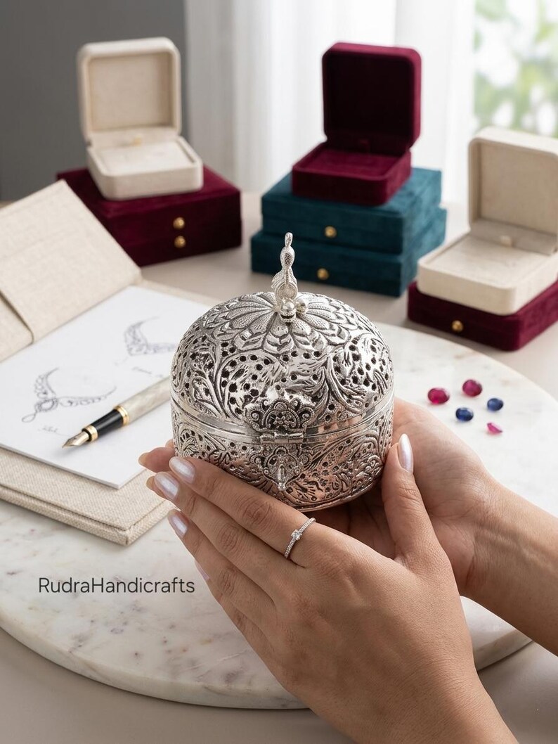 May include: A round, silver-toned metal box featuring intricate floral filigree cutouts and a decorative finial on the lid. The box is held in place, with a fountain pen, a sketch of jewelry, and several velvet jewelry boxes visible nearby.