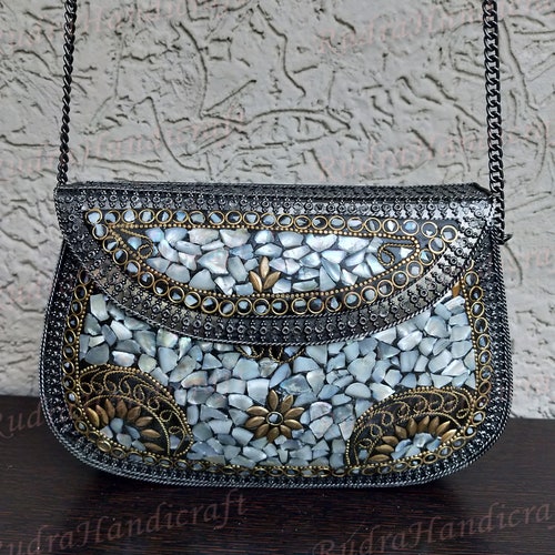 Antique Handmade Chip Stone Metal Sling Purse / Vintage  display picture 3