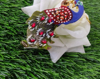 3D Handmade Wooden peacock, Indian Handicrafts, Wooden Painted peacock keychain, wood carvings, wooden KeyTag, Unique Keyring