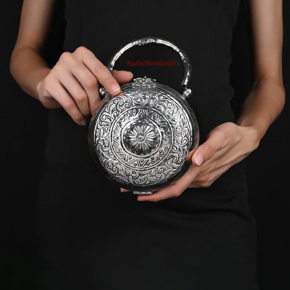 Silver Metal Purse Round , Hand Clutch / Antique Metal Clutch /Indian Silver Metal Party Bag / Bridal Clutch/Christmas Gift/ Gift For Her