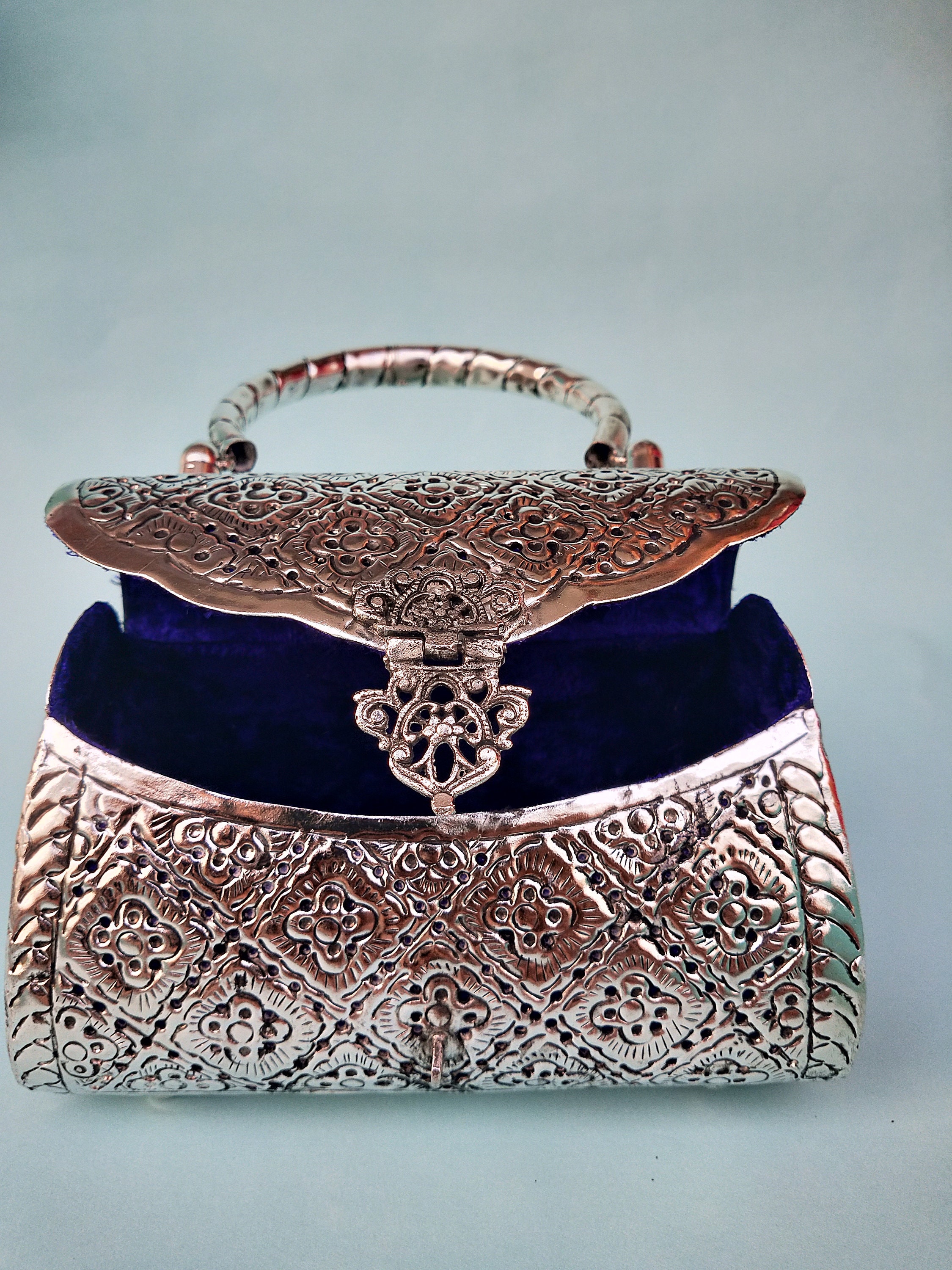 Silver Metal Bag & Red Stones Accents Evening Clutch Purse Handbag w/ Strap  Handmade in India