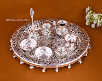 German Silver Heavy Pooja Thali (Diameter 10”) with Ghungroo, Home/Temple/Mandir, Decorative Pooja Plate Set for Diwali Poojan, Karwa Chauth