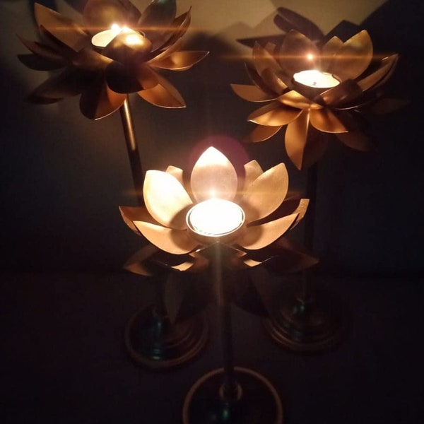 Lotus Stand Diya set of 3, Metal Long Lotus Shape Tea Light Candle Holder, Candle Festive Decor with stand -Event/wedding/Diwali/Christmas
