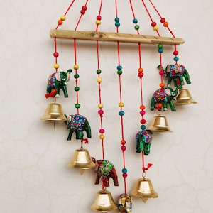 Rajasthani Strings Hanging Decorations Elephant & Bell Door Hanging, Elephant Wind Chime Door Wall Hanging for Home Decoration (Paper Mache)