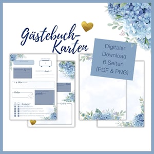 Gästebuchkarten Hochzeit blaue Hortensien - Blanko-Seite & 2 ausfüllbare Seiten - digitaler Download