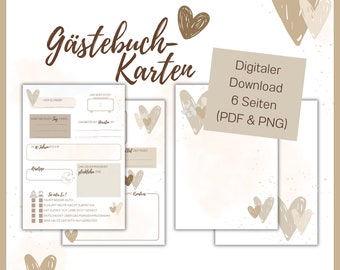 Gästebuchkarten Hochzeit Herzen - Blanko-Seite & 2 ausfüllbare Seiten - digitaler Download