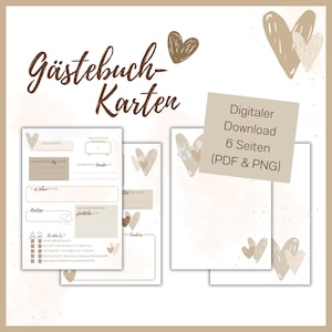 Gästebuchkarten Hochzeit Herzen - Blanko-Seite & 2 ausfüllbare Seiten - digitaler Download