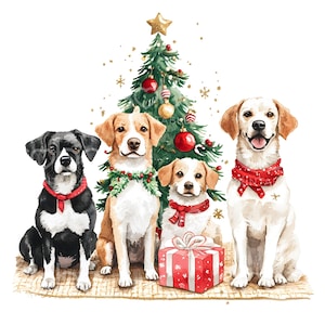 18 cliparts de chiens de sapin de Noël, chiens de fête, carte de Noël aquarelle, JPG de haute qualité, téléchargement numérique, créations en papier, journal indésirable S341