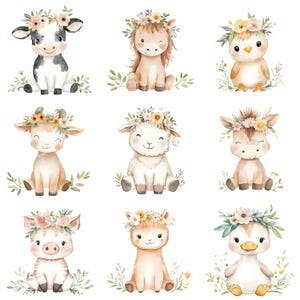10 Boho Tiere auf dem Bauernhof Clipart, Kinderzimmer Kunst, Aquarell auf dem Bauernhof, Geburtstag Clipart, Tiere auf dem Bauernhof, Cupcake Toppers, digitaler Download S208