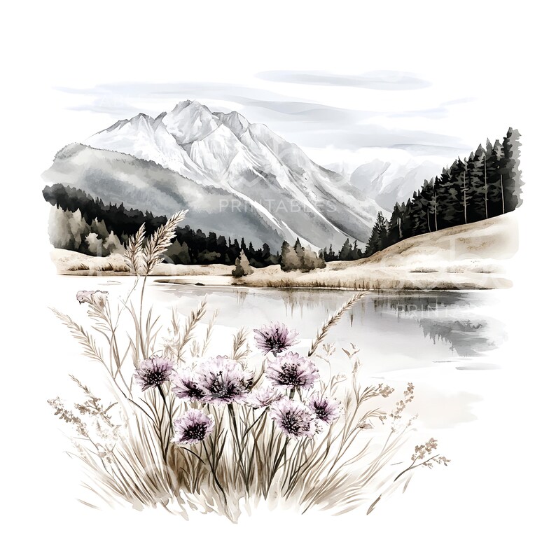 May include: Watercolor landscape art print featuring a serene mountain scene with a lake and wildflowers. The artwork showcases a range of neutral tones, with a focus on the mountains, water, and delicate floral elements. The print is ideal for home decor.