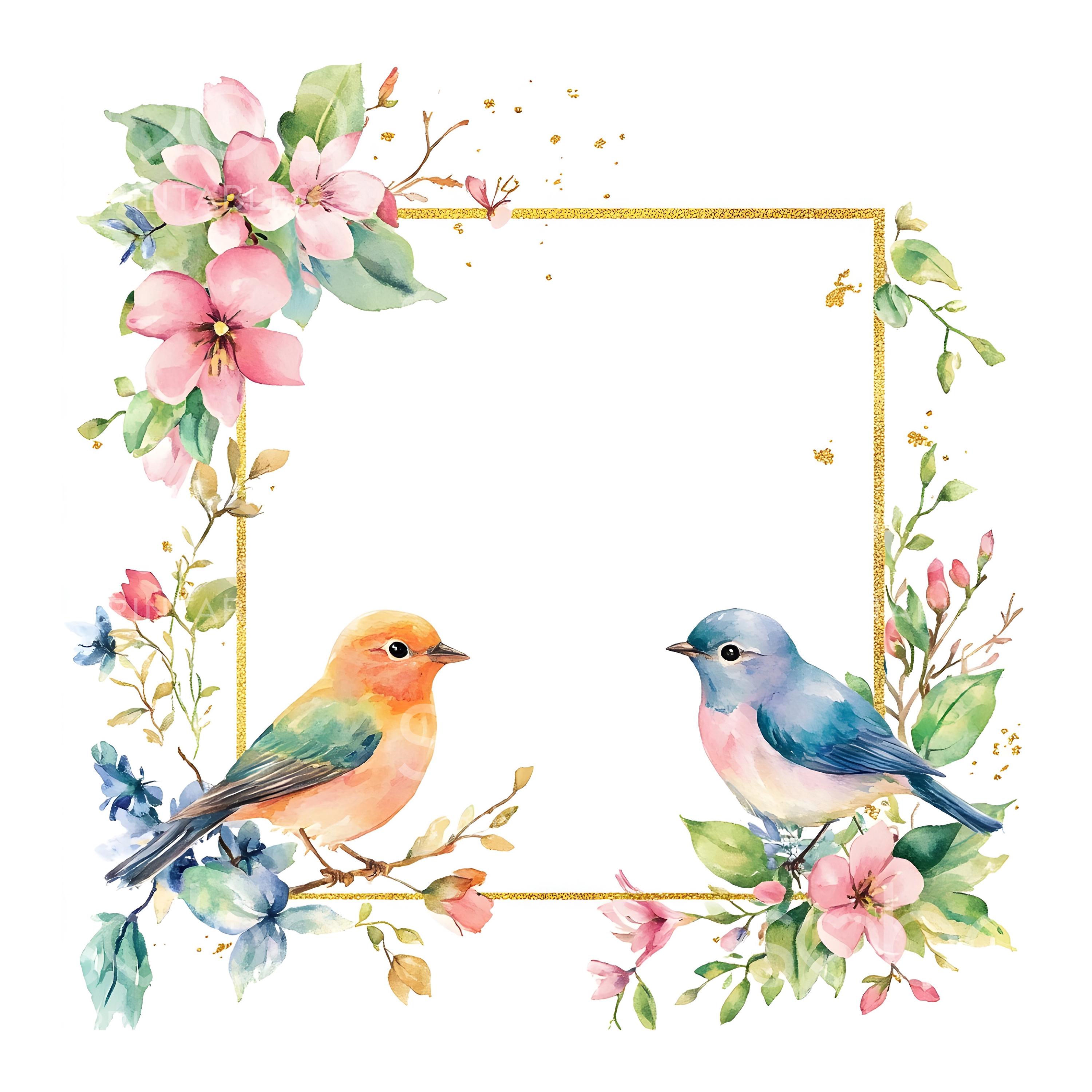 19 Floral Bird Frame Clipart, Cute Watercolor Birds, Frames Art, Print ...