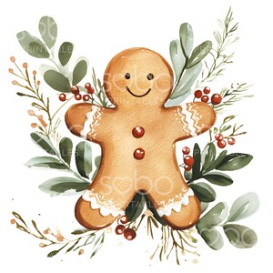 May include: A watercolour illustration of a gingerbread man surrounded by green leaves and red berries. The gingerbread man is smiling and has white icing on its arms and legs.
