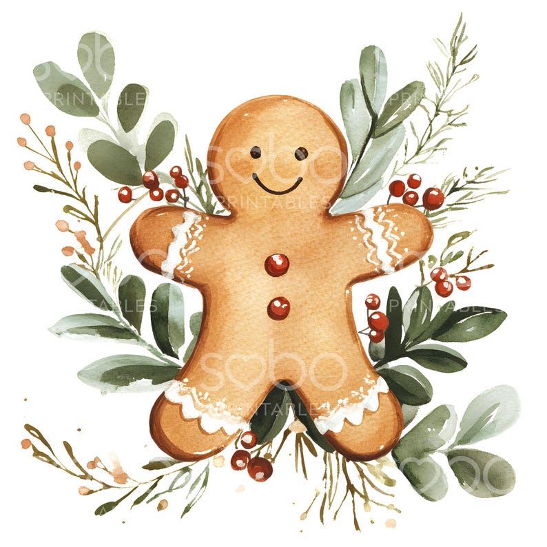 May include: A watercolour illustration of a gingerbread man surrounded by green leaves and red berries. The gingerbread man is smiling and has white icing on its arms and legs.