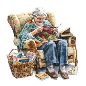 26 Senior Lady Knitting Clipart, Knitting Clipart, Printable Watercolor, High Quality JPGs, Digital Download, Paper Craft, Junk Journal S986