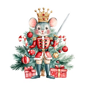 May include: A watercolour illustration of a mouse dressed as a nutcracker soldier, wearing a gold crown and holding a sword and candy cane. The mouse stands in front of a Christmas tree decorated with ornaments and gifts.