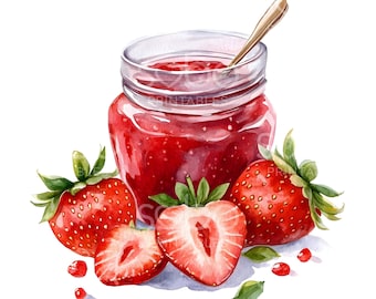 17 Słoik dżemu truskawkowego Clipart, Świeże truskawki, Wydrukowana akwarela, Wysokiej jakości pliki JPG, Pobieranie cyfrowe, Rękodzieło papierowe, Dziennik śmieci S663