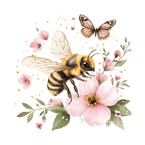 May include: Watercolor illustration of a bee with black and yellow stripes, wings extended, hovering near pink flowers and green leaves. A pink butterfly with brown markings is above the bee. Gold flecks are scattered around the bee and butterfly on a white background.
