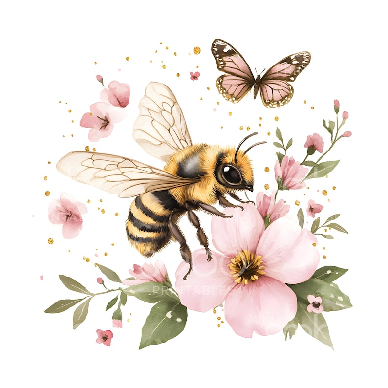 May include: Watercolor illustration of a bee with black and yellow stripes, wings extended, hovering near pink flowers and green leaves. A pink butterfly with brown markings is above the bee. Gold flecks are scattered around the bee and butterfly on a white background.