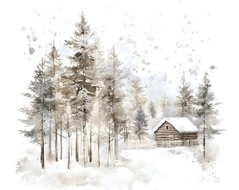 33 Winter Cabin Clipart, Woods Camping Clipart, Christmas Card, High Quality JPGs, Digital Planner, Junk Journals, Digital Download S375