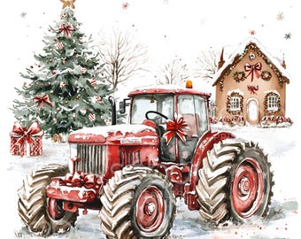 May include: A red tractor with a snow-covered roof is parked in front of a gingerbread house with a wreath on the door. A Christmas tree with red and white ornaments is in the background.