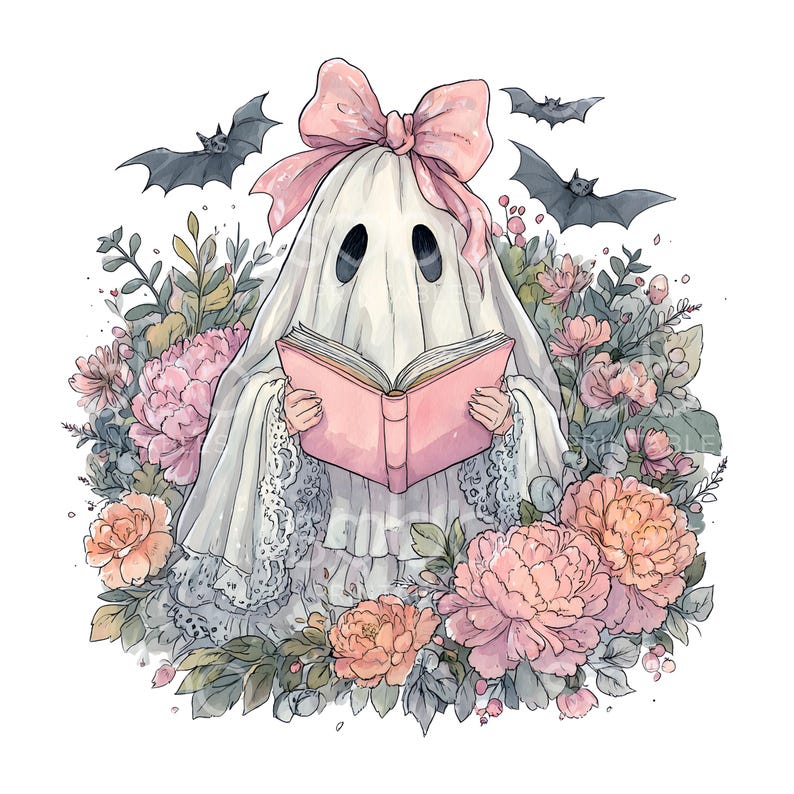 May include: A watercolor illustration of a ghost reading a pink book, surrounded by pink and peach flowers and greenery. The ghost wears a white sheet with a pink bow and lace trim. Two gray bats fly in the background.