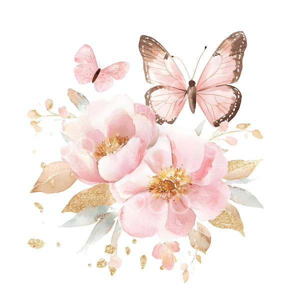 20 Pink Floral Butterflies Clipart, Boho Floral Gold Butterfly, Watercolor Clipart, High Quality JPG, Digital Download, Junk Journal S369