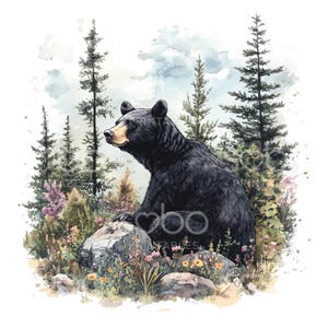 24 Schwarzer Bär sitzend Clipart, schwarzer Bär, Bergwald Kunst, druckbares Aquarell, hochwertige JPGs, digitaler Download, Papierhandwerk S670