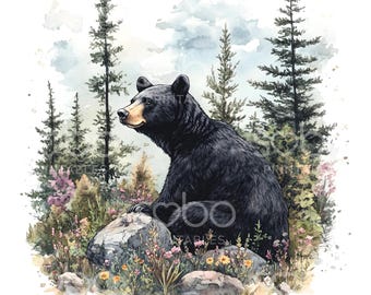 24 Black Bear Sitting Clipart, Black Bear, Mountain Forest Art, Printable Watercolor, High Quality JPGs, Digital Download, Paper Craft S670
