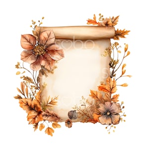 May include: Watercolor illustration of a scroll surrounded by autumn leaves and flowers in shades of brown, orange, and gold. The scroll has a blank space for text. The design is perfect for fall-themed crafts and invitations.