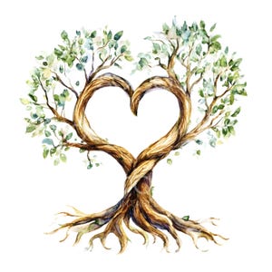 May include: A watercolour painting of a tree in the shape of a heart. The brown trunks intertwine to form a heart, with green leaves and small white flowers. The roots are visible at the base, set against a white background.