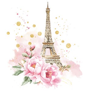 18 Torre Eiffel dourada Clipart, Peônias florais, Arte de parede parisiense, Clipart de aquarela, JPG de alta qualidade, Berçário de menina, Diário de lixo S233