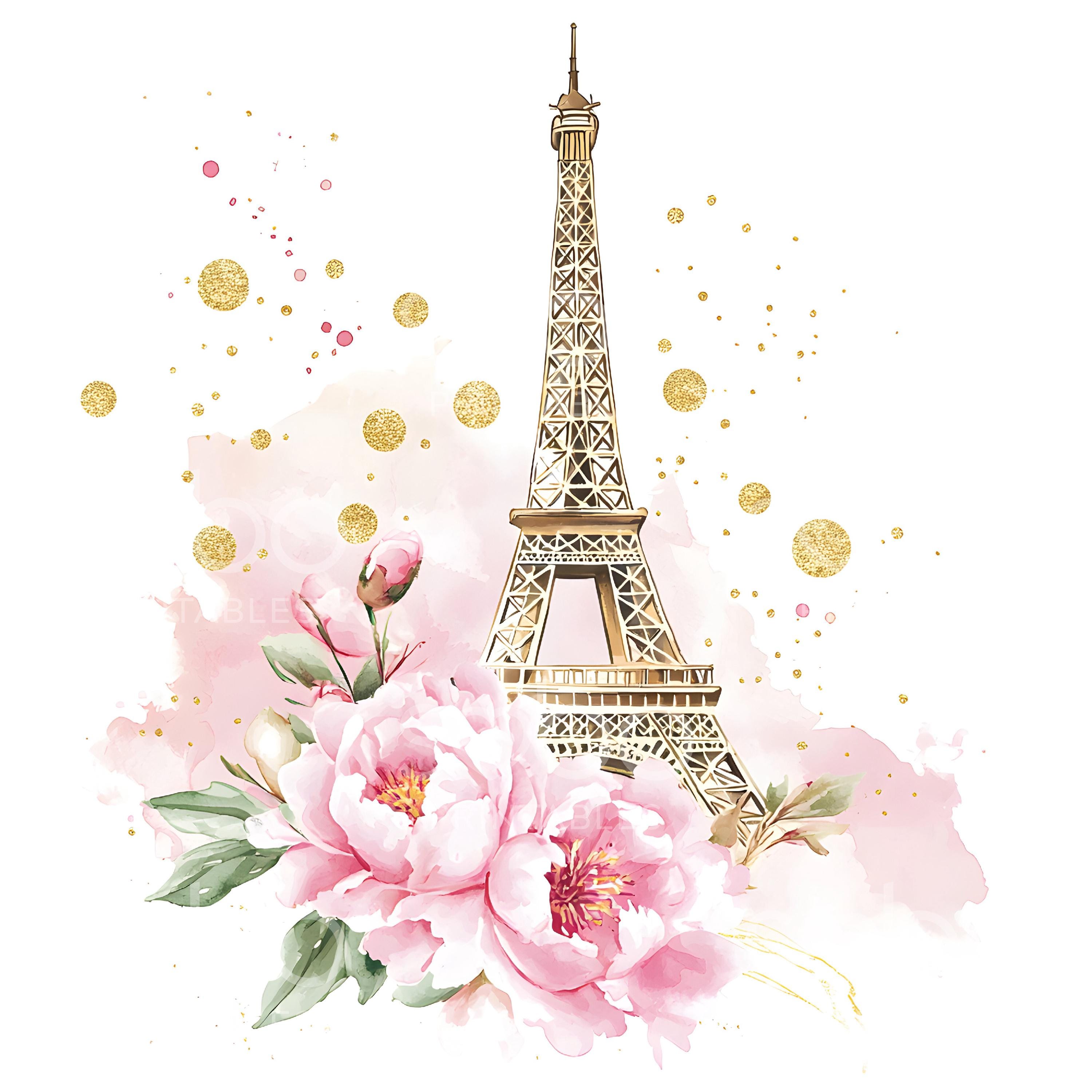 18 Gold Eiffel Tower Clipart, Floral Peonies, Parisian Wall Art, Watercolor Clipart, High Quality JPG, Baby Girl Nursery, Junk Journal S233