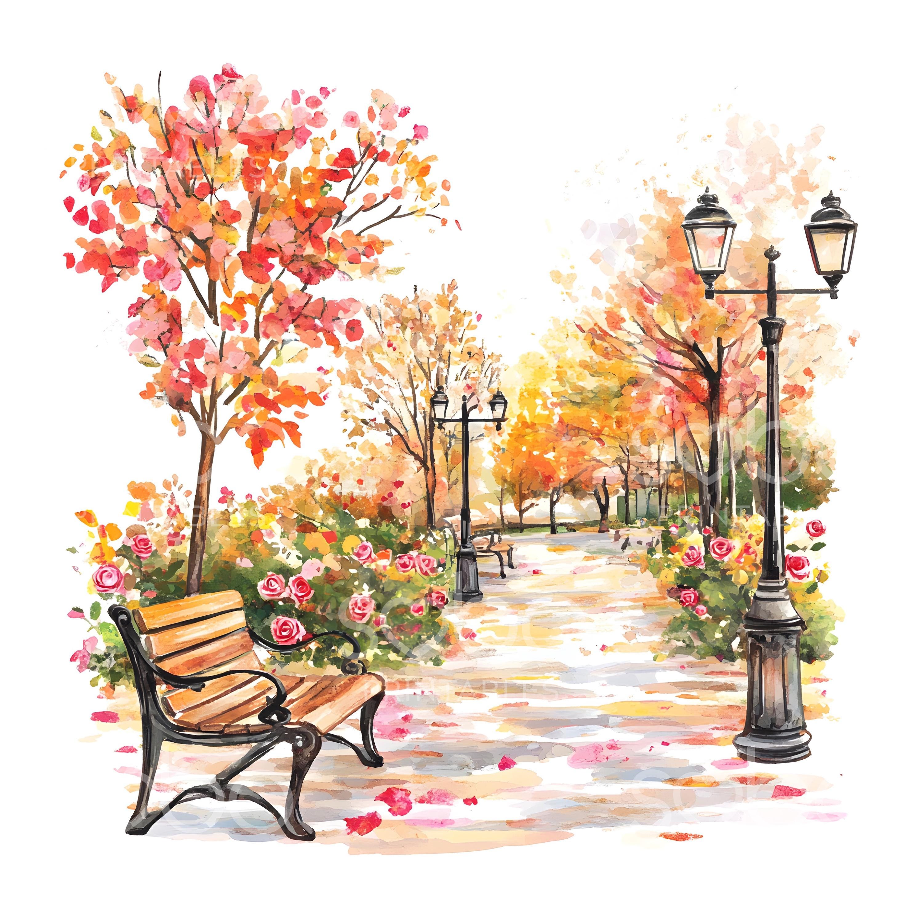 28 Autumn Fall Bench Clipart, Autumn Garden, Printable Watercolor ...