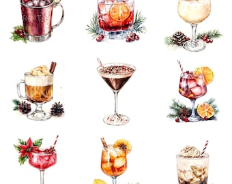 22 Christmas Cocktails Clipart, Christmas Drinks, Xmas Holiday Party, Festive Cocktails, Watercolor Art, Paper Craft U194