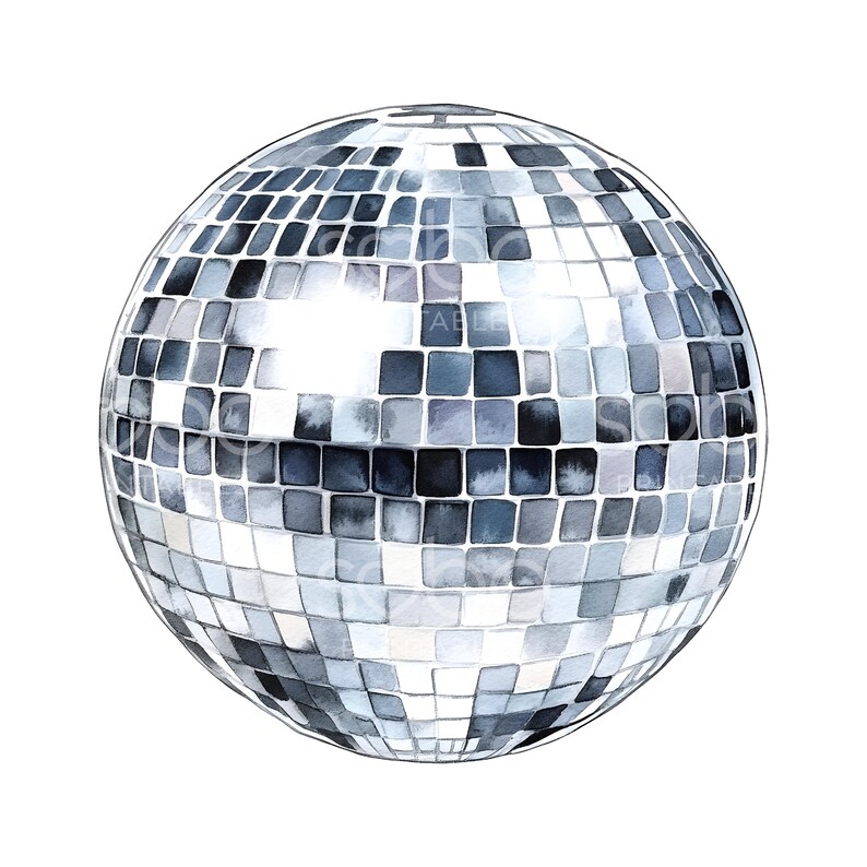 May include: A silver disco ball with a mirrored surface. The ball is made up of many small squares that reflect light.