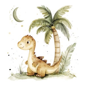 25 baby Dino palmboom clipart, dinosaurus kunst, afdrukbare aquarel, hoge kwaliteit jpg's, digitale download, kunst aan de muur kinderkamer, Paper Craft S391